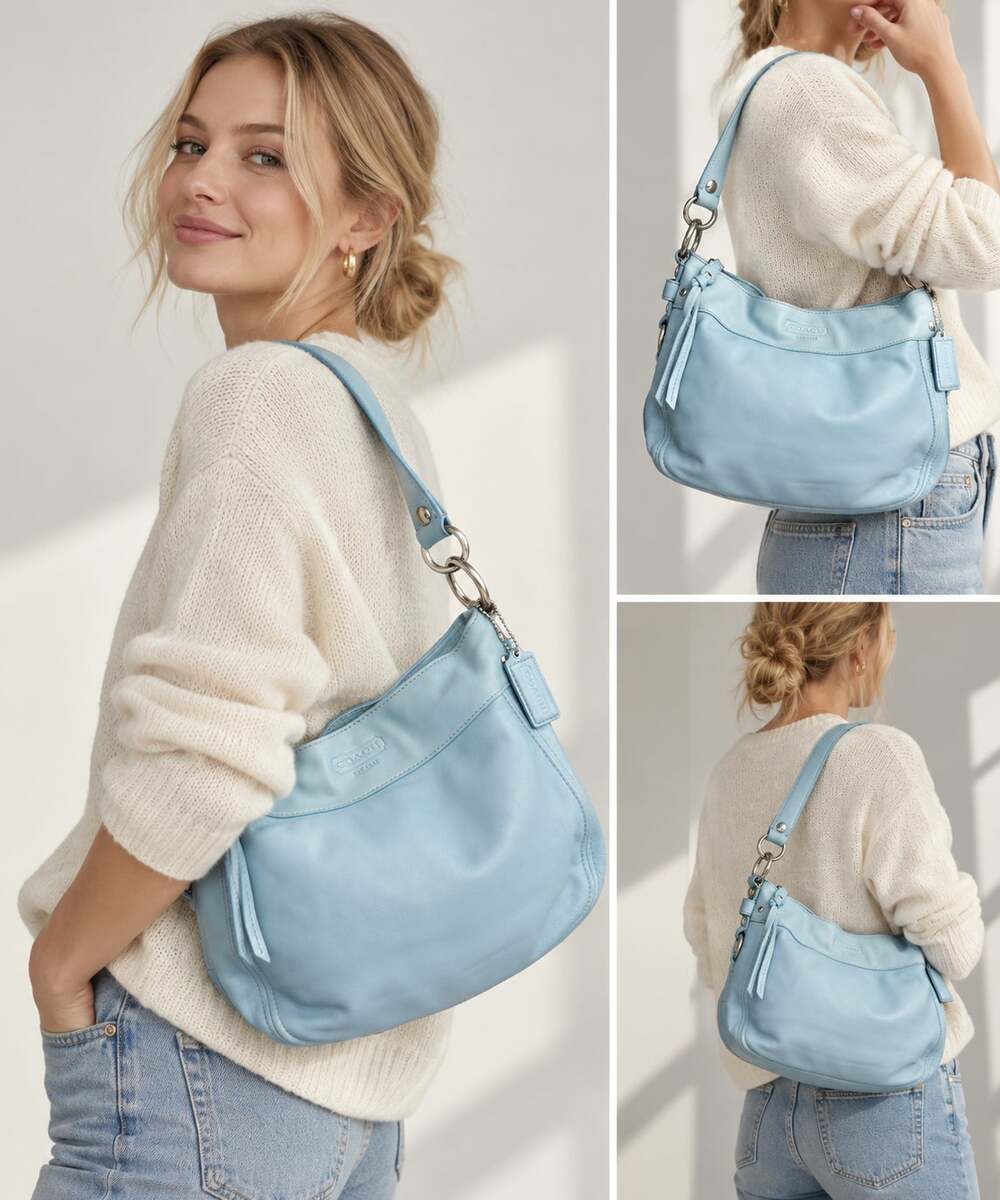 Coach F14707 Zoe Hobo Blue Leather Shoulder Bag